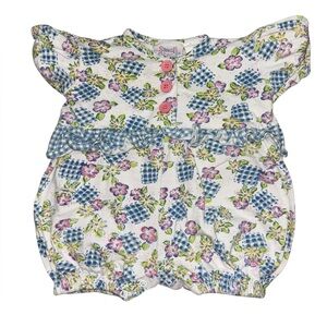 Vintage 1990s Small Steps Gingham Daisy Print Peplum Bubble Romper